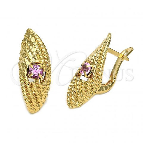 Oro Laminado Leverback Earring, Gold Filled Style with Rose Cubic Zirconia, Diamond Cutting Finish, Golden Finish, 5.127.039