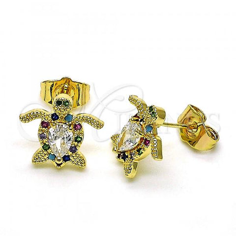 Oro Laminado Stud Earring, Gold Filled Style Turtle Design, with Multicolor Micro Pave and White Cubic Zirconia, Polished, Golden Finish, 02.210.0750.1