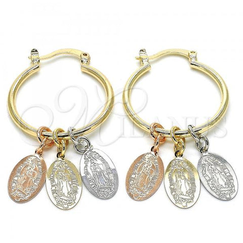 Oro Laminado Small Hoop, Gold Filled Style Guadalupe Design, Polished, Tricolor, 02.63.2631.1.25