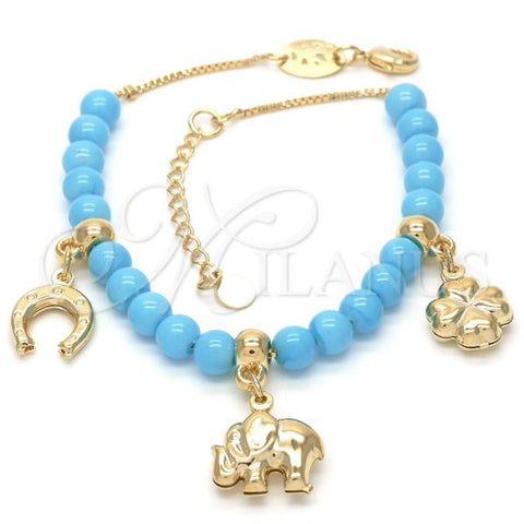 Oro Laminado Charm Bracelet, Gold Filled Style Elephant and Four-leaf Clover Design, with Blue Topaz Opal, Polished, Golden Finish, 03.32.0081.2.08