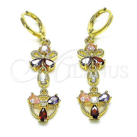 Oro Laminado Long Earring, Gold Filled Style Butterfly Design, with Multicolor Cubic Zirconia, Polished, Golden Finish, 02.196.0099