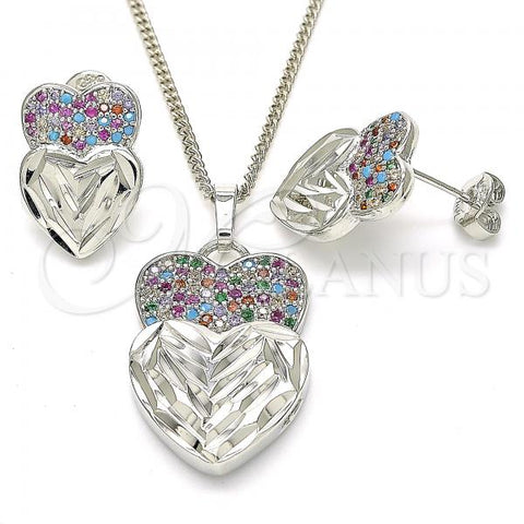 Rhodium Plated Earring and Pendant Adult Set, Heart Design, with Multicolor Cubic Zirconia, Diamond Cutting Finish, Rhodium Finish, 10.233.0040.4