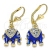 Oro Laminado Dangle Earring, Gold Filled Style Elephant Design, with White Crystal, Blue Enamel Finish, Golden Finish, 02.351.0058.4