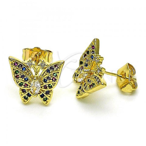 Oro Laminado Stud Earring, Gold Filled Style Butterfly Design, with Multicolor Cubic Zirconia, Polished, Golden Finish, 02.284.0049
