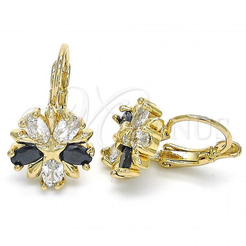 Oro Laminado Leverback Earring, Gold Filled Style Flower and Star Design, with Black and White Cubic Zirconia, Polished, Golden Finish, 02.210.0218.3