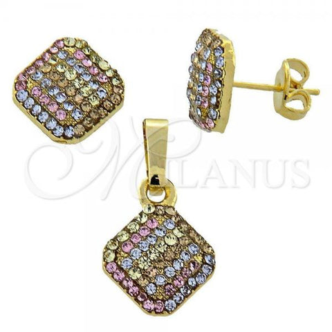 Oro Laminado Earring and Pendant Adult Set, Gold Filled Style with Multicolor Crystal, Polished, Golden Finish, 10.164.0027.1