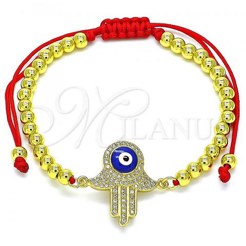 Oro Laminado Adjustable Bolo Bracelet, Gold Filled Style Hand of God and Ball Design, with White Micro Pave, Blue Enamel Finish, Golden Finish, 03.368.0045.11
