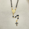 Oro Laminado Thin Rosary, Gold Filled Style Caridad del Cobre and Cross Design, with Black Azavache, Black Enamel Finish, Golden Finish, 09.02.0039.2.18