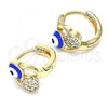 Oro Laminado Huggie Hoop, Gold Filled Style Evil Eye and Fish Design, with White Cubic Zirconia, Blue Enamel Finish, Golden Finish, 02.213.0189.12
