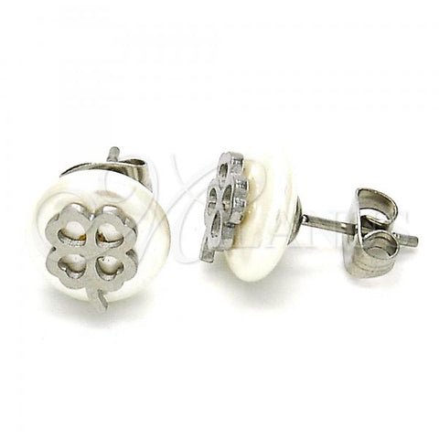 Stainless Steel Stud Earring, Four-leaf Clover Design, with Ivory Pearl, Polished, Steel Finish, 02.271.0032