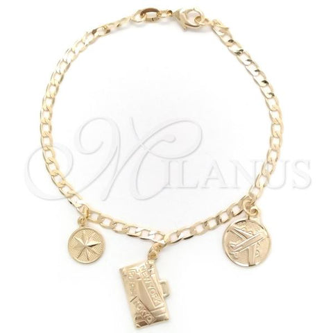 Oro Laminado Charm Bracelet, Gold Filled Style Miami Cuban and Four-leaf Clover Design, Polished, Golden Finish, 03.58.0079.07