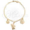 Oro Laminado Charm Bracelet, Gold Filled Style Miami Cuban and Four-leaf Clover Design, Polished, Golden Finish, 03.58.0079.07