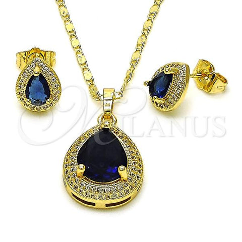 Oro Laminado Earring and Pendant Adult Set, Gold Filled Style Teardrop and Cluster Design, with Sapphire Blue Cubic Zirconia and White Micro Pave, Polished, Golden Finish, 10.196.0159