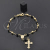 Oro Laminado Thin Rosary, Gold Filled Style Virgen Maria and Cross Design, with Black Azavache, Black Enamel Finish, Golden Finish, 5.213.010.08