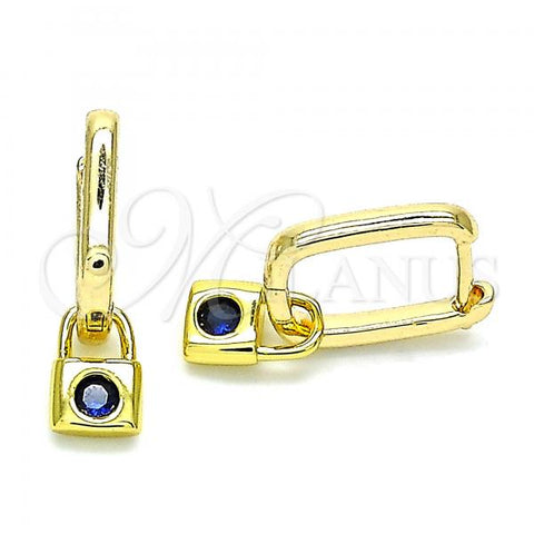 Oro Laminado Huggie Hoop, Gold Filled Style Lock Design, with Blue Topaz Cubic Zirconia, Polished, Golden Finish, 02.368.0031.1.10