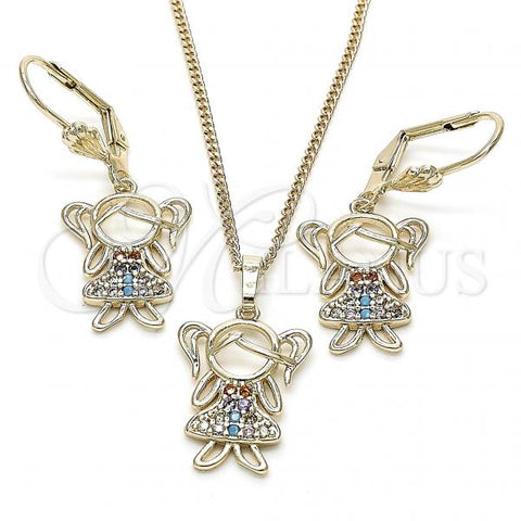 Oro Laminado Earring and Pendant Adult Set, Gold Filled Style Little Girl Design, with Multicolor Cubic Zirconia, Polished, Golden Finish, 10.210.0116.1