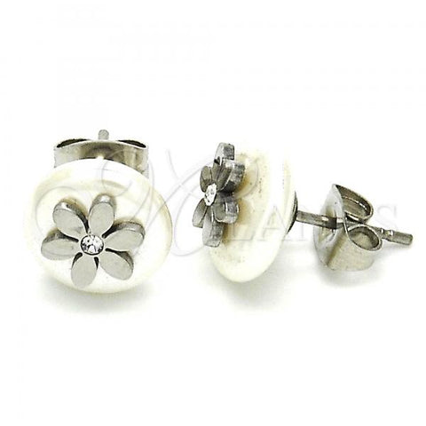 Stainless Steel Stud Earring, Flower Design, with White Crystal and Ivory Pearl, Polished, Steel Finish, 02.271.0028