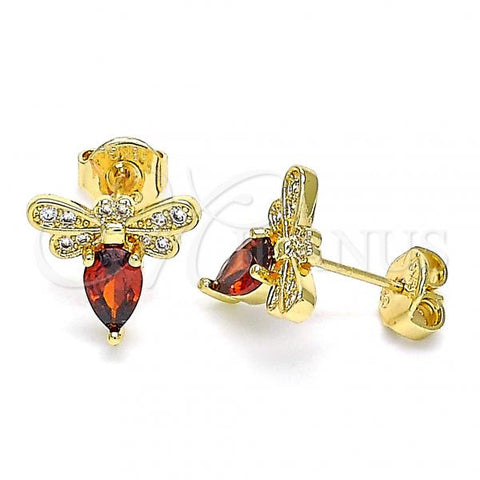Oro Laminado Stud Earring, Gold Filled Style Bee Design, with Garnet Cubic Zirconia and White Micro Pave, Polished, Golden Finish, 02.156.0613.1