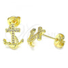 Oro Laminado Stud Earring, Gold Filled Style Anchor Design, with White Micro Pave, Polished, Golden Finish, 02.156.0467