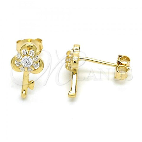 Sterling Silver Stud Earring, key Design, with White Cubic Zirconia, Polished, Golden Finish, 02.285.0062