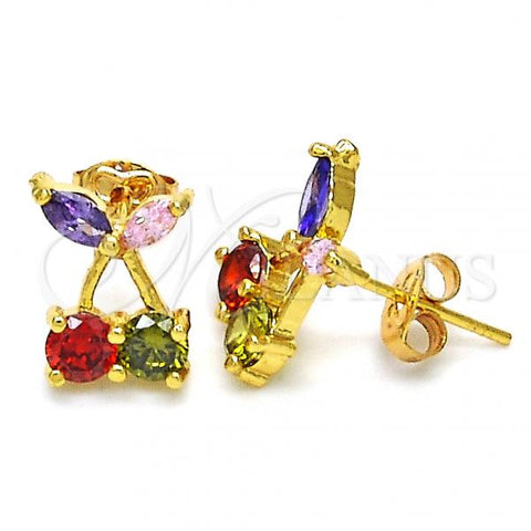 Oro Laminado Stud Earring, Gold Filled Style Cherry Design, with Multicolor Cubic Zirconia, Polished, Golden Finish, 02.345.0005