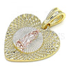 Oro Laminado Fancy Pendant, Gold Filled Style Heart and Guadalupe Design, Diamond Cutting Finish, Tricolor, 05.351.0081.1