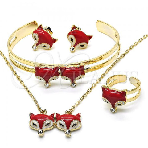 Oro Laminado Earring and Pendant Children Set, Gold Filled Style with White Crystal, Red Enamel Finish, Golden Finish, 06.65.0144