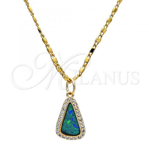 Oro Laminado Pendant Necklace, Gold Filled Style Teardrop Design, with Blue Topaz Opal and White Micro Pave, Polished, Golden Finish, 04.63.1323.18