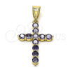 Oro Laminado Religious Pendant, Gold Filled Style Cross Design, with Amethyst Cubic Zirconia, Polished, Golden Finish, 05.253.0183.4