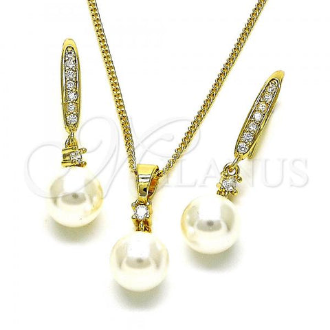 Oro Laminado Earring and Pendant Adult Set, Gold Filled Style Ball Design, with Ivory Pearl and White Cubic Zirconia, Polished, Golden Finish, 10.387.0013