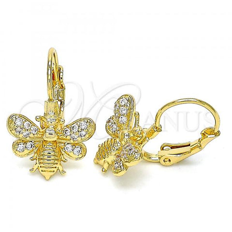 Oro Laminado Leverback Earring, Gold Filled Style Bee Design, with White Micro Pave, Polished, Golden Finish, 02.210.0378