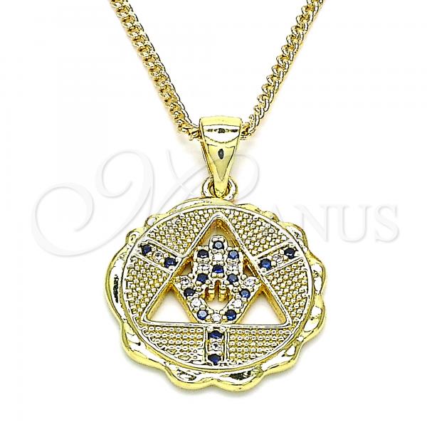 Oro Laminado Pendant Necklace, Gold Filled Style Hand of God Design, with Sapphire Blue and White Micro Pave, Polished, Golden Finish, 04.341.0065.2.20