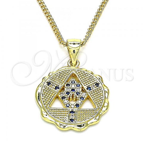 Oro Laminado Pendant Necklace, Gold Filled Style Hand of God Design, with Sapphire Blue and White Micro Pave, Polished, Golden Finish, 04.341.0065.2.20