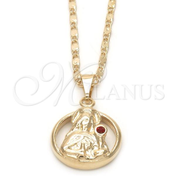 Oro Laminado Pendant Necklace, Gold Filled Style Sagrado Corazon de Jesus Design, with Garnet Cubic Zirconia, Polished, Golden Finish, 04.09.0168.18