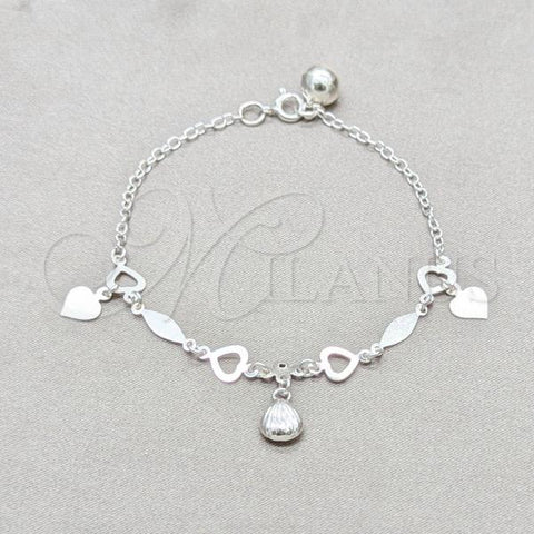 Sterling Silver Fancy Bracelet, Heart and Shell Design, Polished, Silver Finish, 03.409.0097.08