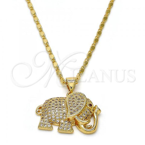 Oro Laminado Pendant Necklace, Gold Filled Style Elephant Design, with White and Ruby Micro Pave, Polished, Golden Finish, 04.199.0005.20