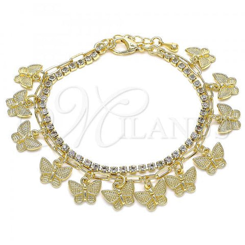 Oro Laminado Charm Bracelet, Gold Filled Style Butterfly and Paperclip Design, with White Crystal, Polished, Golden Finish, 03.372.0015.08