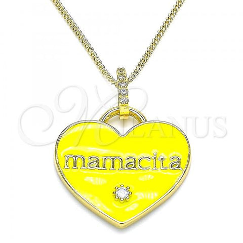 Oro Laminado Pendant Necklace, Gold Filled Style Heart and Mom Design, with White Cubic Zirconia and White Micro Pave, Yellow Enamel Finish, Golden Finish, 04.362.0009.1.20