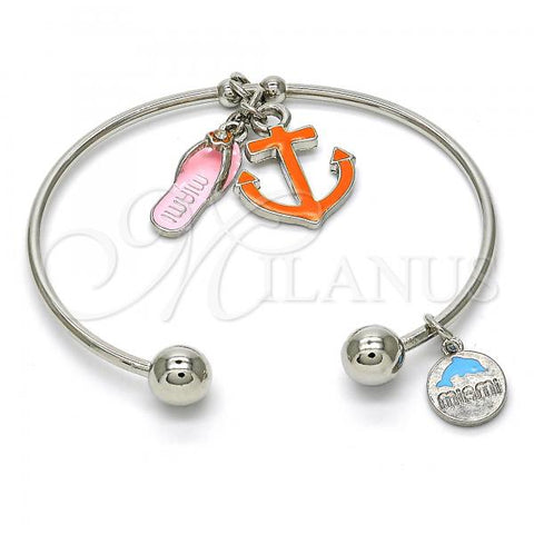 Rhodium Plated Individual Bangle, Anchor and Shoes Design, with White Crystal, Multicolor Enamel Finish, Rhodium Finish, 07.179.0009.1 (02 MM Thickness, One size fits all)