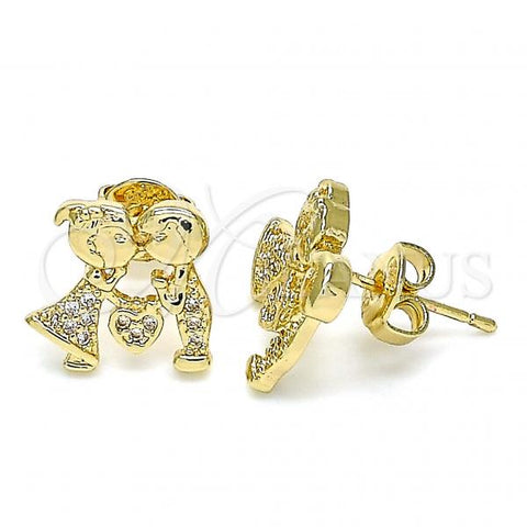 Oro Laminado Stud Earring, Gold Filled Style Little Boy and Little Girl Design, with White Micro Pave, Polished, Golden Finish, 02.156.0232.1