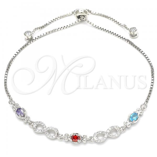 Sterling Silver Fancy Bracelet, Owl and Infinite Design, with Multicolor Cubic Zirconia, Polished, Rhodium Finish, 03.175.0006.11