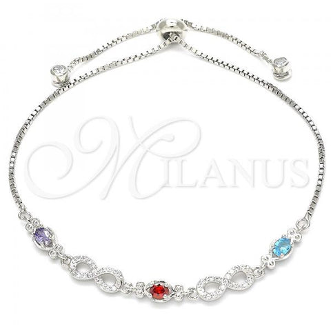 Sterling Silver Fancy Bracelet, Owl and Infinite Design, with Multicolor Cubic Zirconia, Polished, Rhodium Finish, 03.175.0006.11