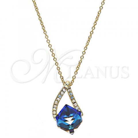 Oro Laminado Pendant Necklace, Gold Filled Style with Bermuda Blue and Aurore Boreale Swarovski Crystals, Polished, Golden Finish, 04.239.0039.9.16