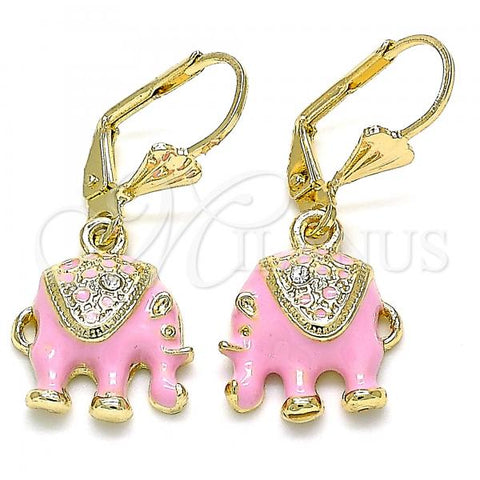 Oro Laminado Dangle Earring, Gold Filled Style Elephant Design, with White Crystal, Pink Enamel Finish, Golden Finish, 02.351.0058.5