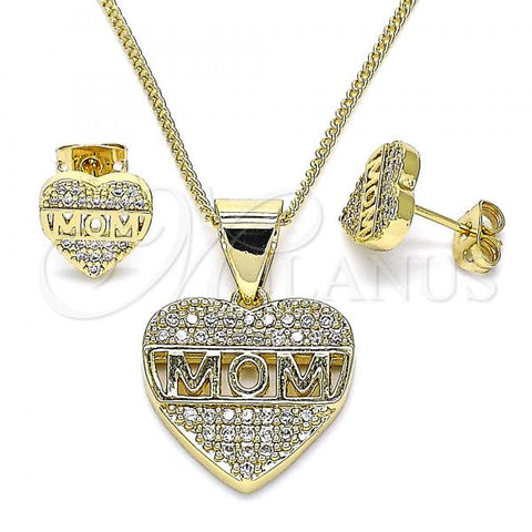 Oro Laminado Earring and Pendant Adult Set, Gold Filled Style Mom and Heart Design, with White Micro Pave, Polished, Golden Finish, 10.342.0062