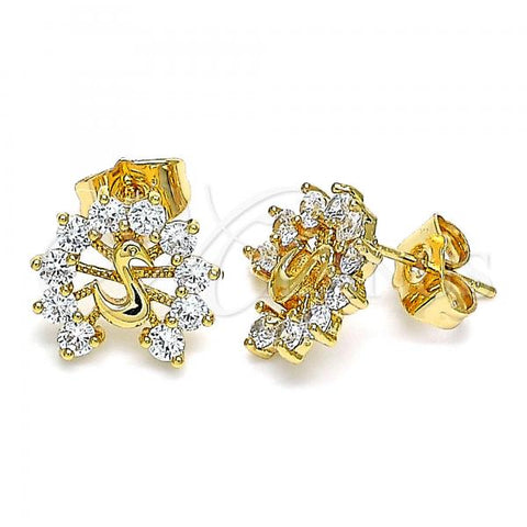 Oro Laminado Stud Earring, Gold Filled Style Peacock Design, with White Cubic Zirconia, Polished, Golden Finish, 02.387.0026