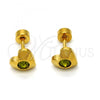 Stainless Steel Stud Earring, Heart Design, with Dark Peridot Crystal, Polished, Golden Finish, 02.271.0004.9
