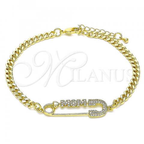 Oro Laminado Adjustable Bolo Bracelet, Gold Filled Style Mom and Paperclip Design, with White Micro Pave, Polished, Golden Finish, 03.341.0160.08