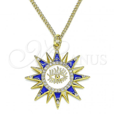 Oro Laminado Pendant Necklace, Gold Filled Style Evil Eye and Sun Design, with White Micro Pave, Blue Enamel Finish, Golden Finish, 04.362.0014.20