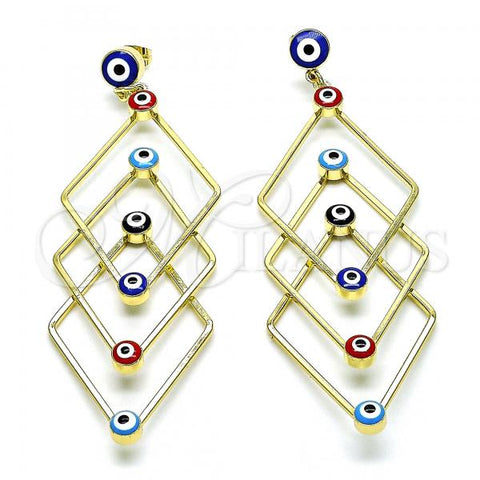 Oro Laminado Long Earring, Gold Filled Style Evil Eye Design, Multicolor Enamel Finish, Golden Finish, 02.213.0454.1